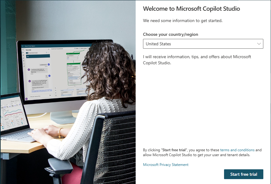 Screenshot of the Welcome to Microsoft Copilot Studio screen, showing the country/region selected and the Start free trial button.