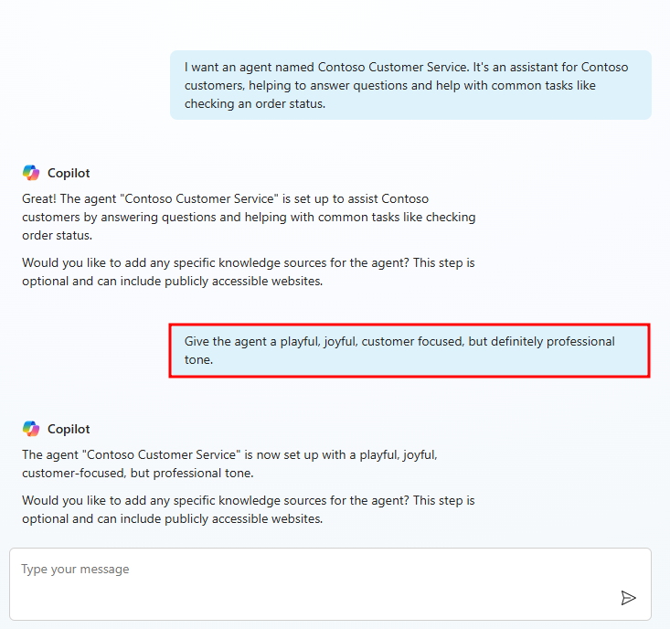Screenshot of prompting the agent on its tone of voice.