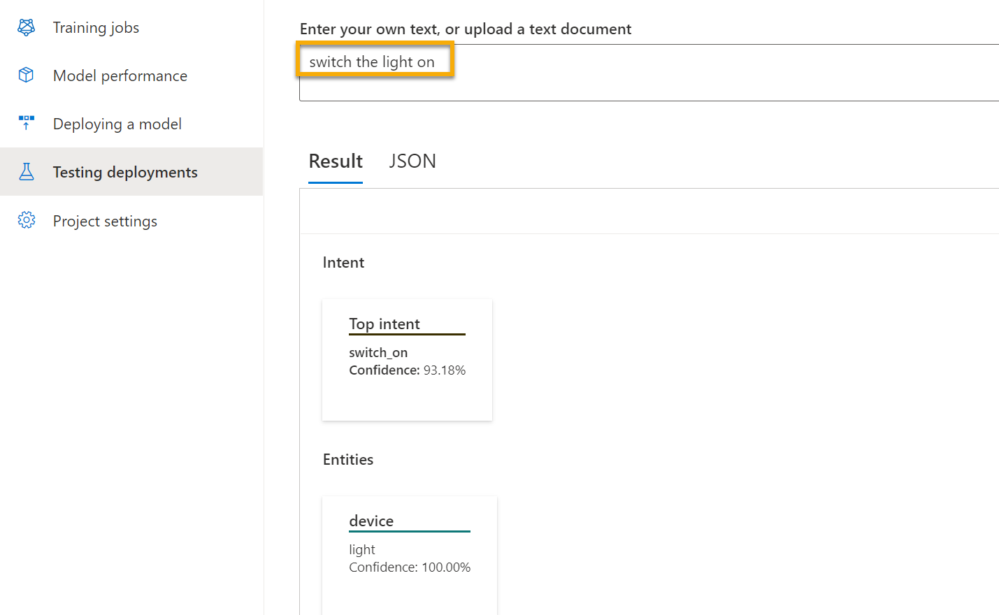 Screenshot example of CLU application with intent understood with phrase "turn the light off".