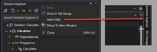 Set of two screenshots that show the Auto Hide menu item and the associated set of tabbed tool windows that appear when Auto Hide is selected.