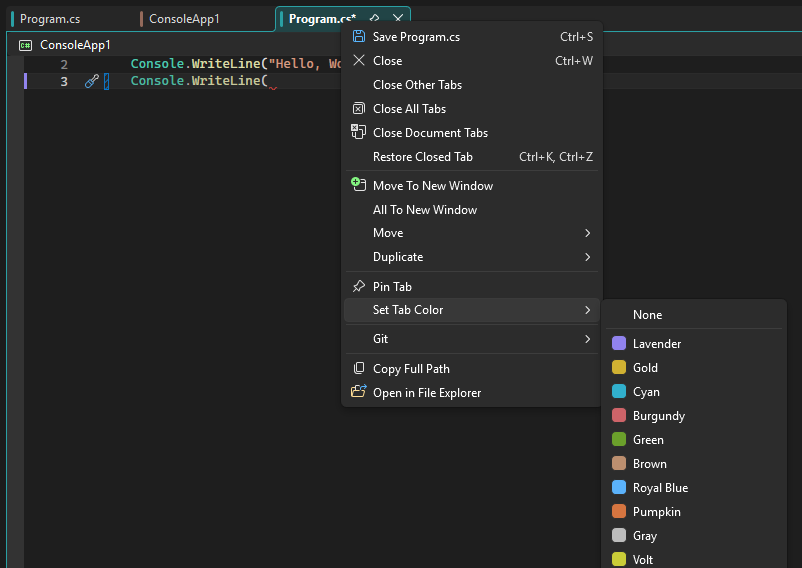 Screenshot of the Set Tab Color option that you can use to personalize the colors of tabs.