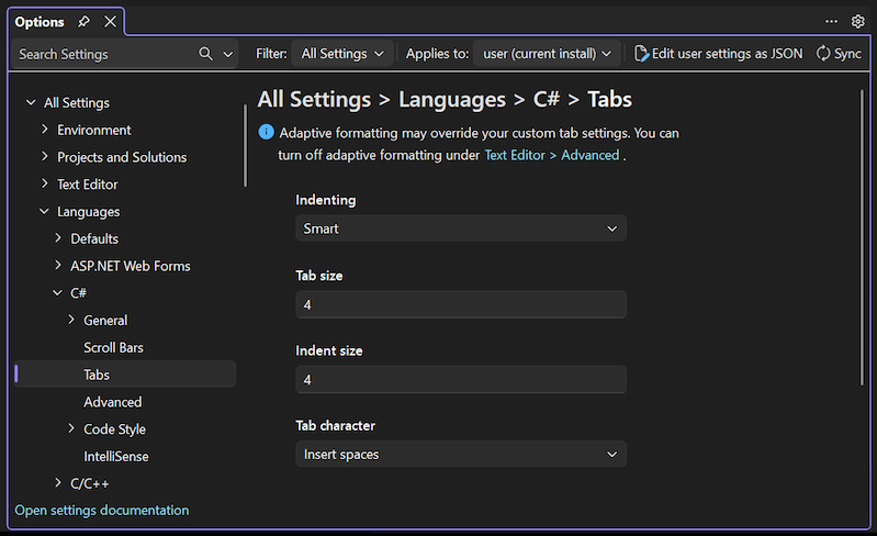 Screenshot that shows how to configure the Tabs settings for languages.