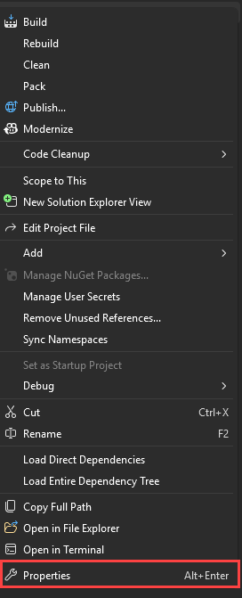 Screenshot of the Solution Explorer context menu with the Properties option highlighted.