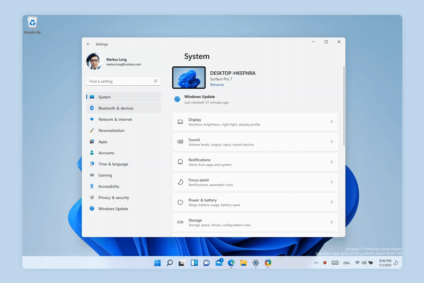 An animated image that shows navigation between several pages in Windows Settings. Top-level pages slide up from the bottom. When navigating between top-level and sub-pages, pages slide left and right.