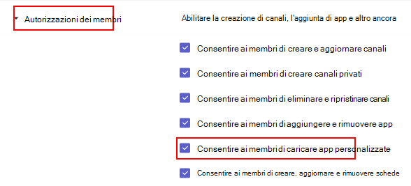 Screenshot che mostra le impostazioni app personalizzate del team.