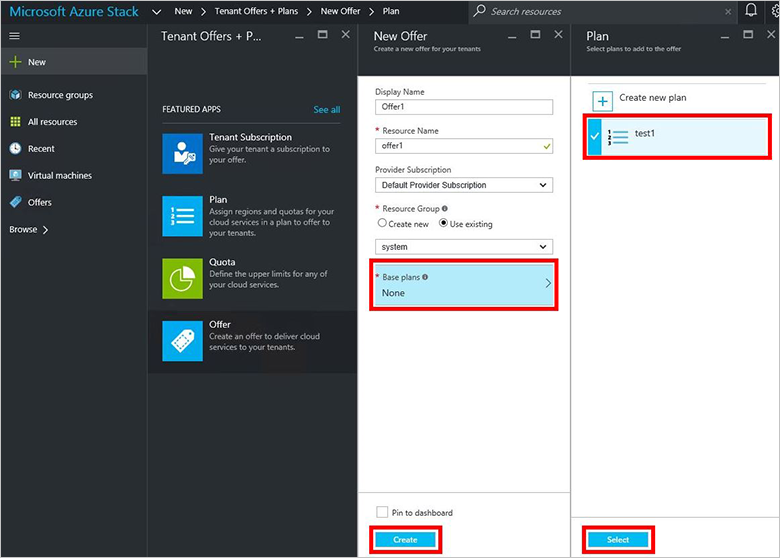 Screenshot che mostra come selezionare il piano da includere nell'offerta dell'hub di Azure Stack.