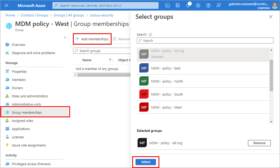 Screenshot della creazione di un gruppo come membro di un altro gruppo con appartenenza al gruppo dal menu laterale e l'opzione 'Aggiungi appartenenza' evidenziata.