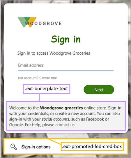 Screenshot of the sign-in box with the optional boilerplate text area highlighted.