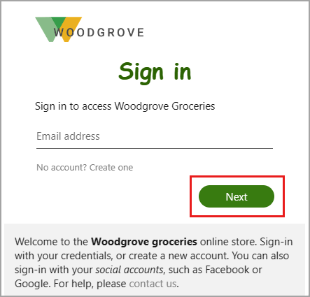 Screenshot of the sign-in box with the primary - Next - button highlighted.