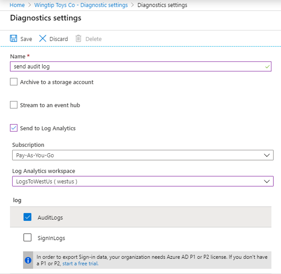 Diagnostics settings pane