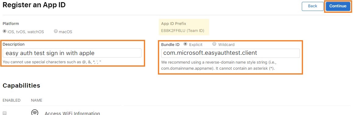 Configuring a new app identifier in the Apple Developer Portal
