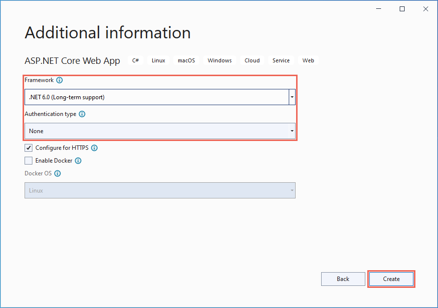 Screenshot di Visual Studio - Informazioni aggiuntive quando si seleziona .NET 6.0.