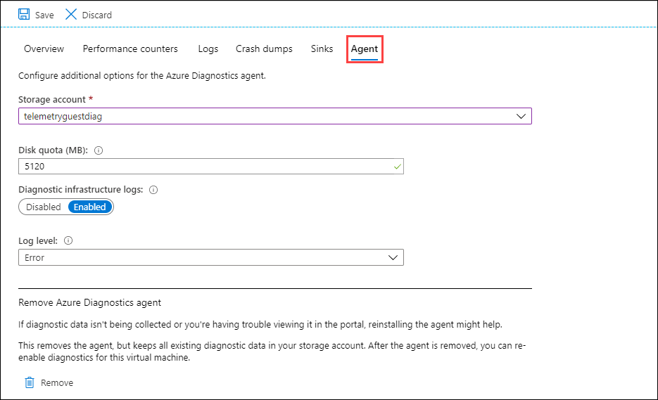 Screenshot that shows the Agent tab with the option to set the storage account.