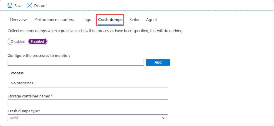 Screenshot that shows the Crash dumps tab.