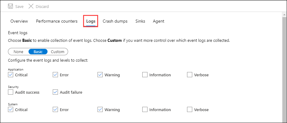 Screenshot that shows the Logs tab with different logs selected for a virtual machine.