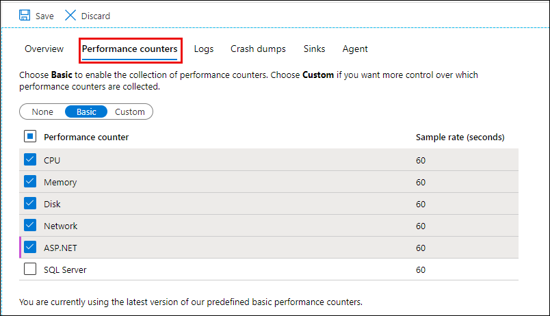 Screenshot that shows Performance counters.