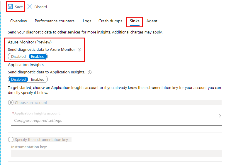 Screenshot that shows the Sinks tab with the Send diagnostic data to Azure Monitor option enabled.
