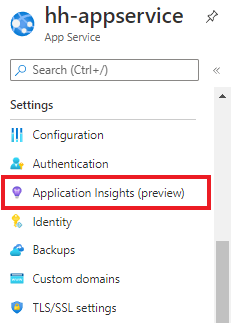 Screenshot that shows selecting Application Insights on the left pane.