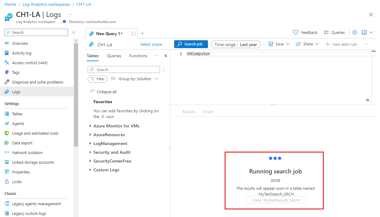Screenshot che mostra un messaggio log di Monitoraggio di Azure che il processo di ricerca è in esecuzione e la tabella dei risultati del processo di ricerca sarà disponibile a breve.