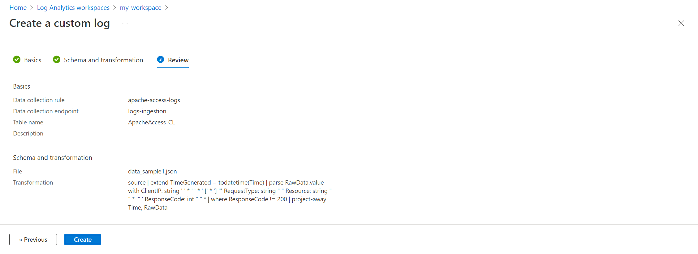 Screenshot che mostra la creazione del log personalizzata.