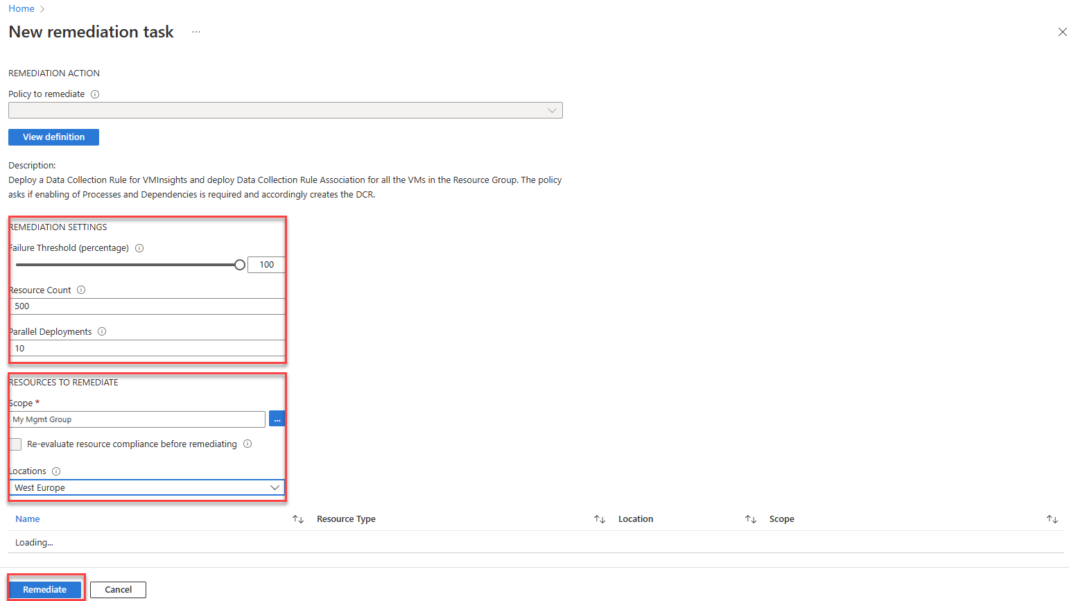 Screenshot that shows the New remediation task page.