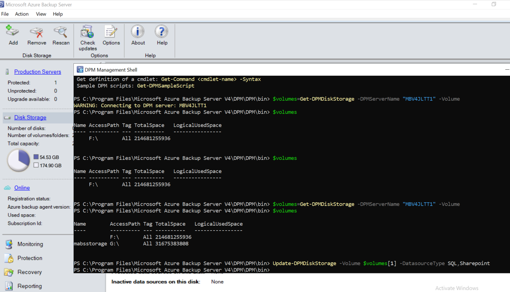 Screenshot che mostra il comando Update-DPMDisk Archiviazione nella finestra di PowerShel.l