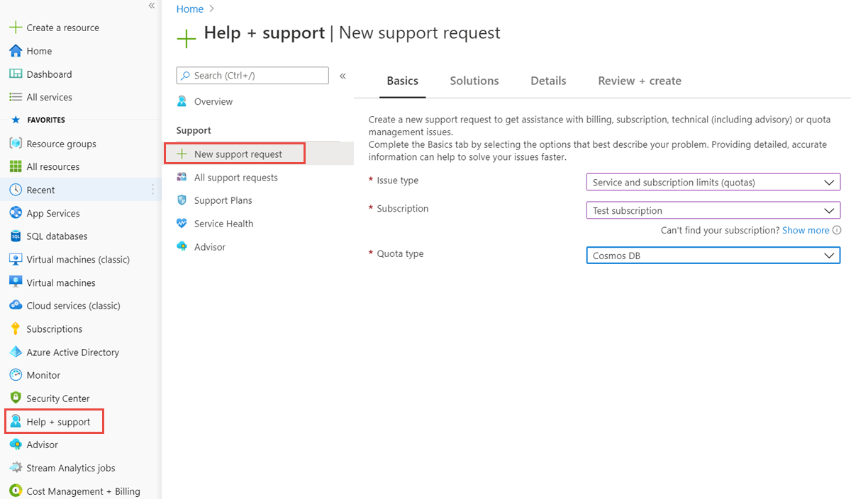 Create a new Azure Cosmos DB support request for quota increase