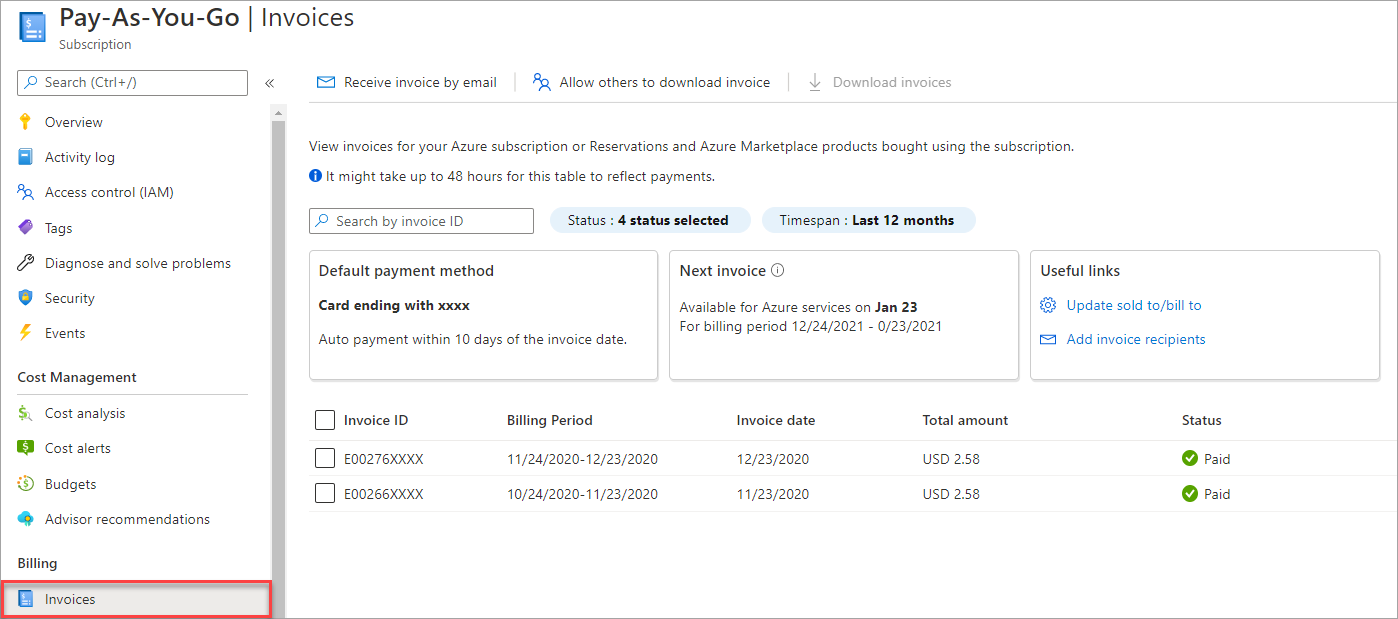 Screenshot che mostra un utente che seleziona l'opzione fatture per una sottoscrizione.