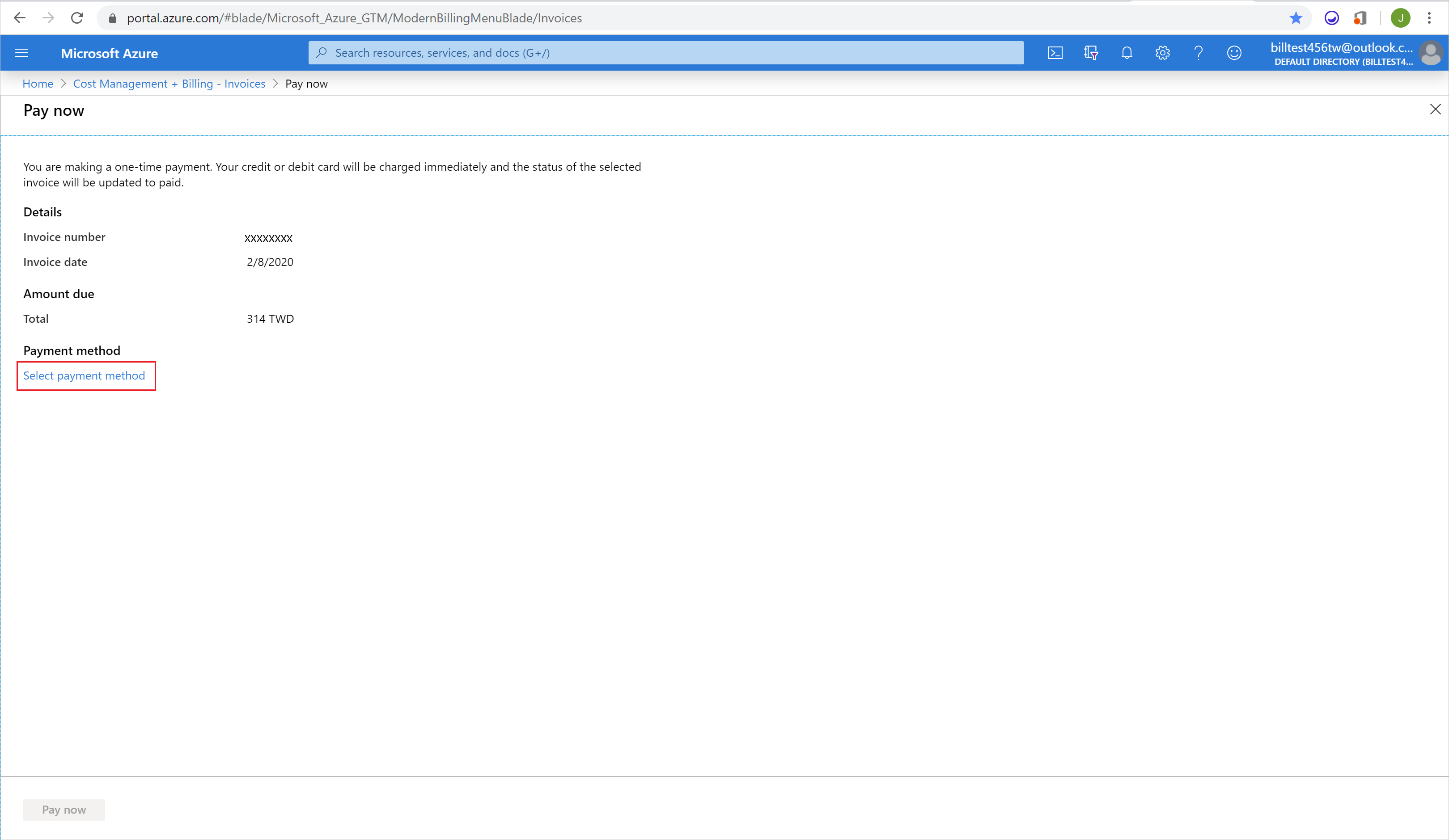 Screenshot che mostra l'opzione Seleziona metodo di pagamento nella pagina Pagamento immediato.