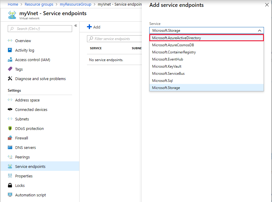 Selezionare l'endpoint di servizio Microsoft.AzureActiveDirectory