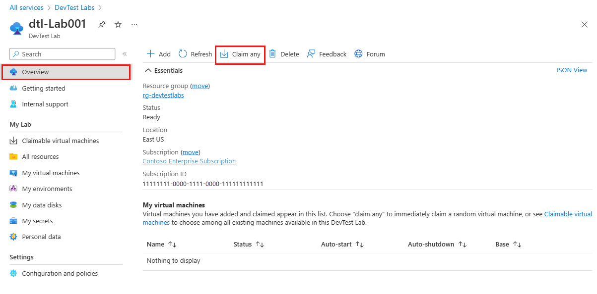 Screenshot che mostra la richiesta di qualsiasi macchina virtuale richiedibile.