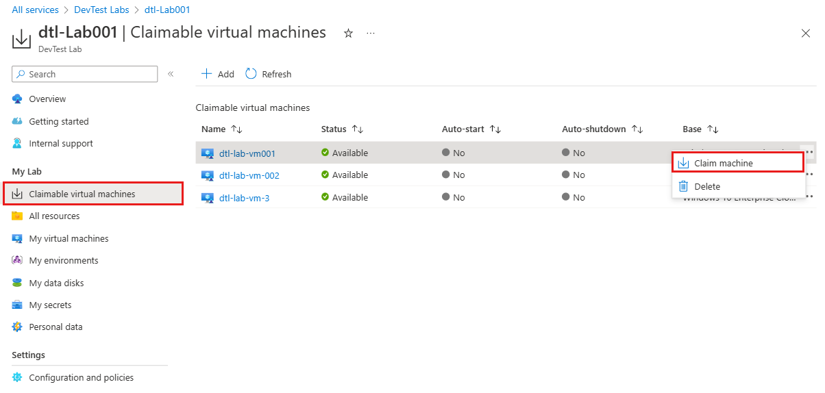 Screenshot che mostra la richiesta di una macchina virtuale richiedibile specifica.