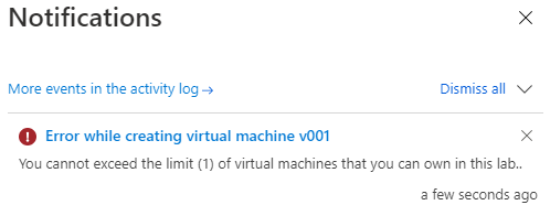 Screenshot che mostra l'errore che indica che l'utente non può superare il limite di macchine virtuali.