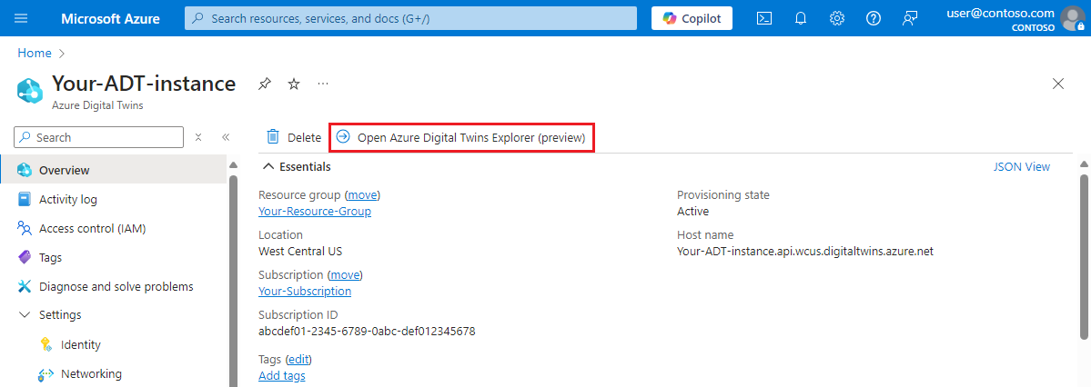 Screenshot della portale di Azure che mostra la pagina Panoramica per un'istanza di Gemelli digitali di Azure. È disponibile un'evidenziazione intorno al pulsante Open Azure Digital Twins Explorer (anteprima).