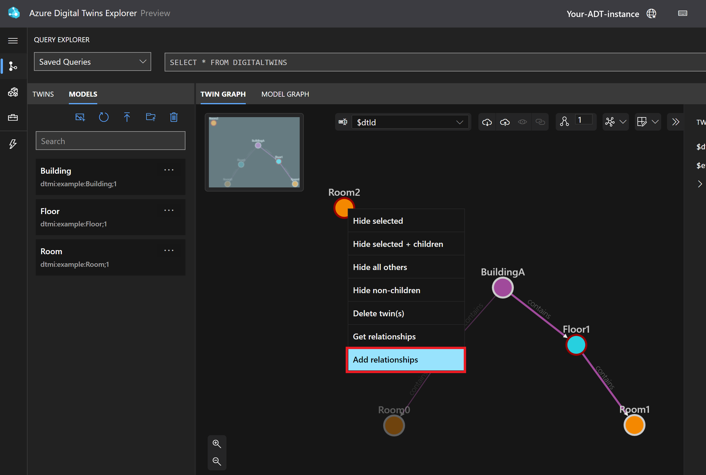 Screenshot di Azure Digital Twins Explorer, aggiunta di una relazione tra Floor1 e Room2.