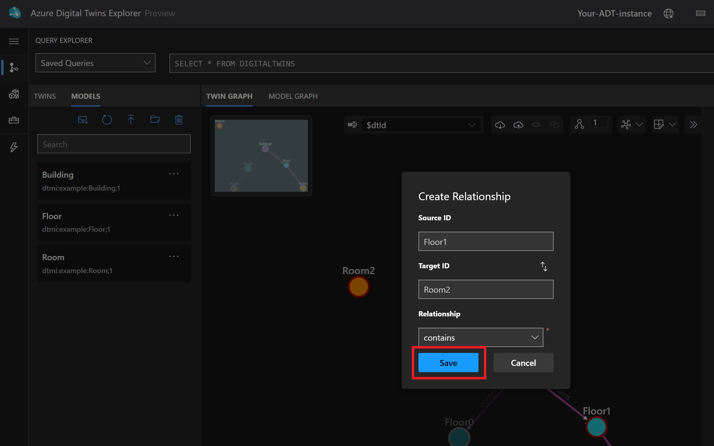 Screenshot delle opzioni Crea relazione.