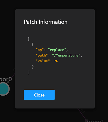 Screenshot di Azure Digital Twins Explorer che mostra le informazioni sulle patch per l'aggiornamento della temperatura.