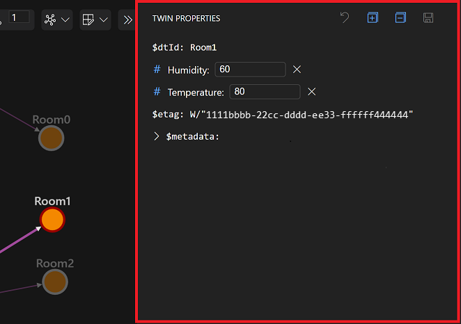 Screenshot di Azure Digital Twins Explorer che evidenzia il pannello Proprietà gemelli, che mostra le proprietà $dtId, Temperatura e Umidità per Room1.