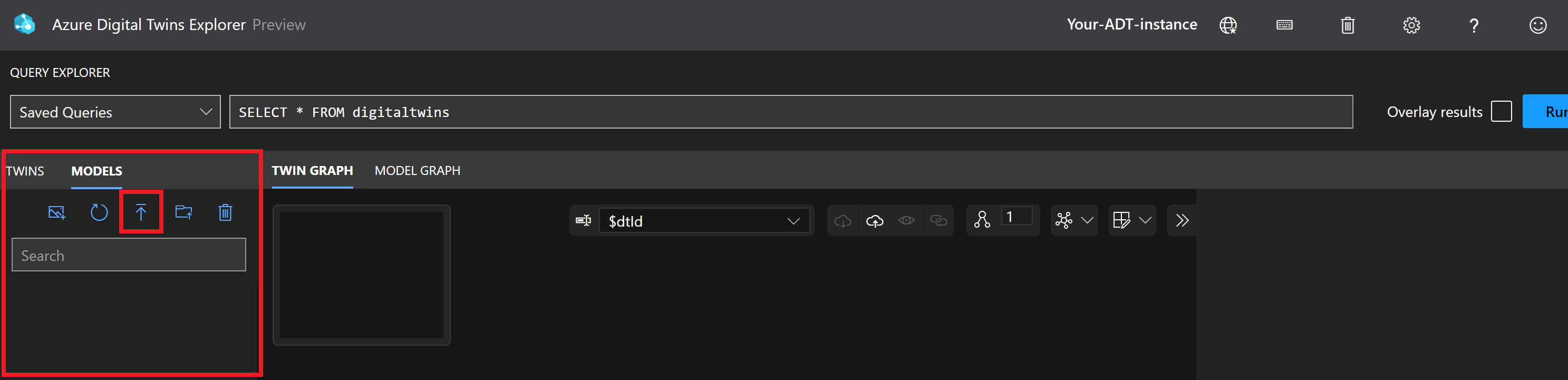 Screenshot di Azure Digital Twins Explorer, che evidenzia il pannello Modelli e l'icona