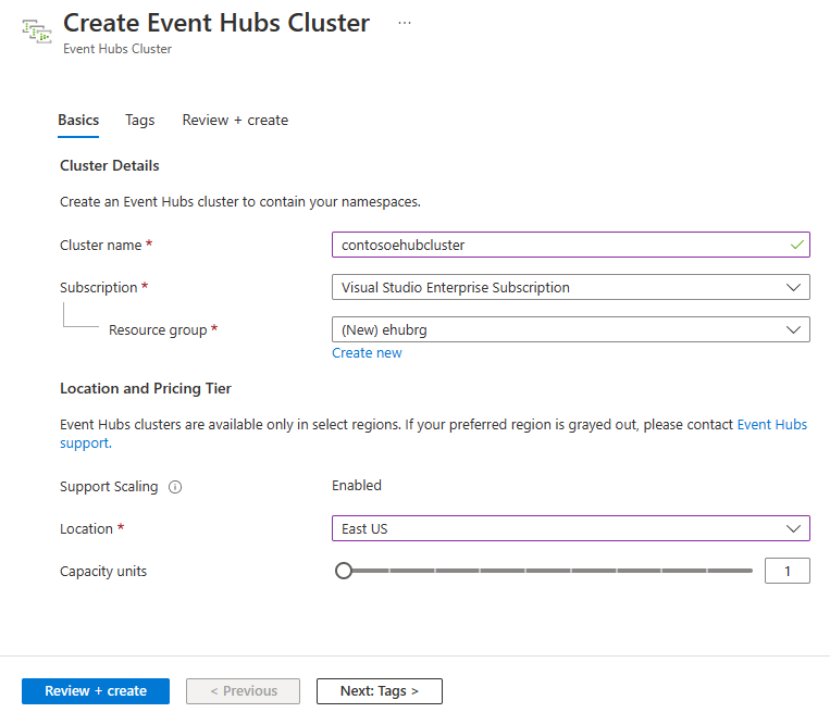 Immagine che mostra la pagina Crea cluster di Hub eventi - Informazioni di base.