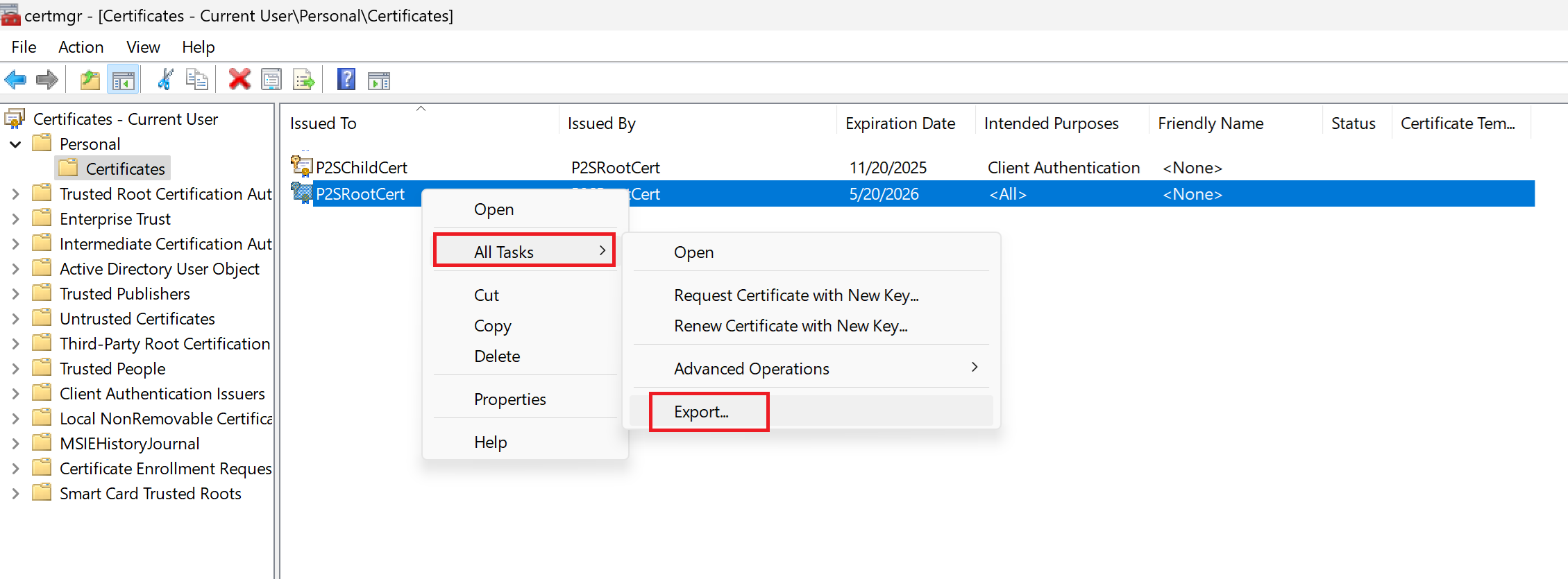 Screenshot che mostra la finestra Certificati con Tutte le attività e quindi Esporta selezionata.