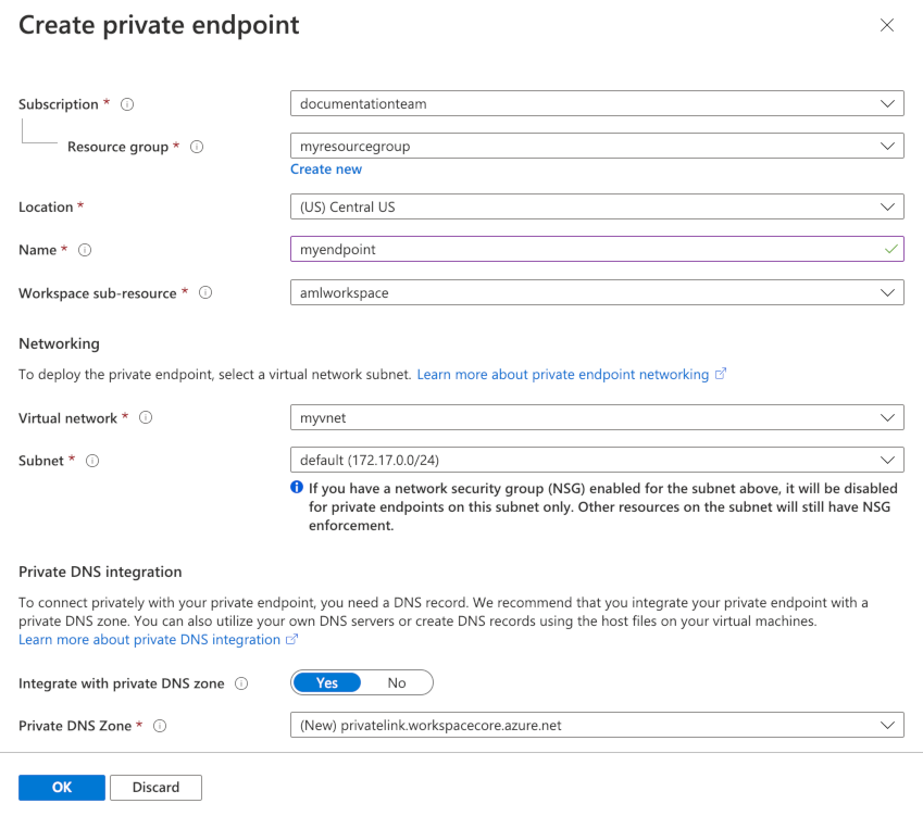 Screenshot della creazione dell'endpoint privato.