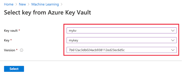 Screenshot della selezione di una chiave dall'insieme di credenziali delle chiavi.