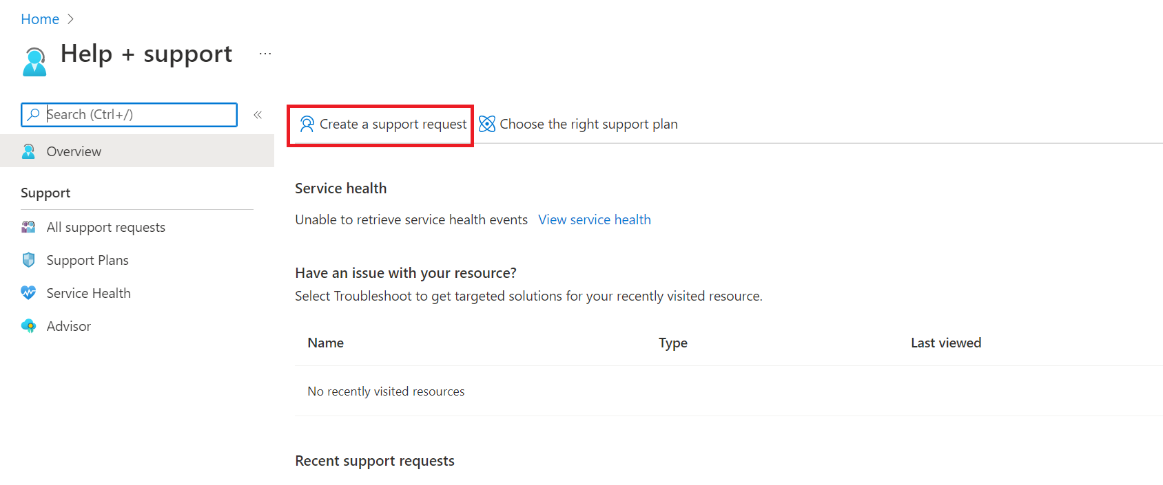 Screenshot che mostra come creare una nuova richiesta di supporto