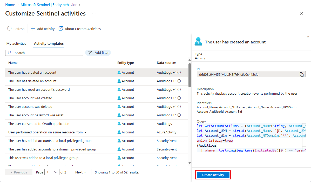 Screenshot dell'elenco di modelli di attività in portale di Azure.