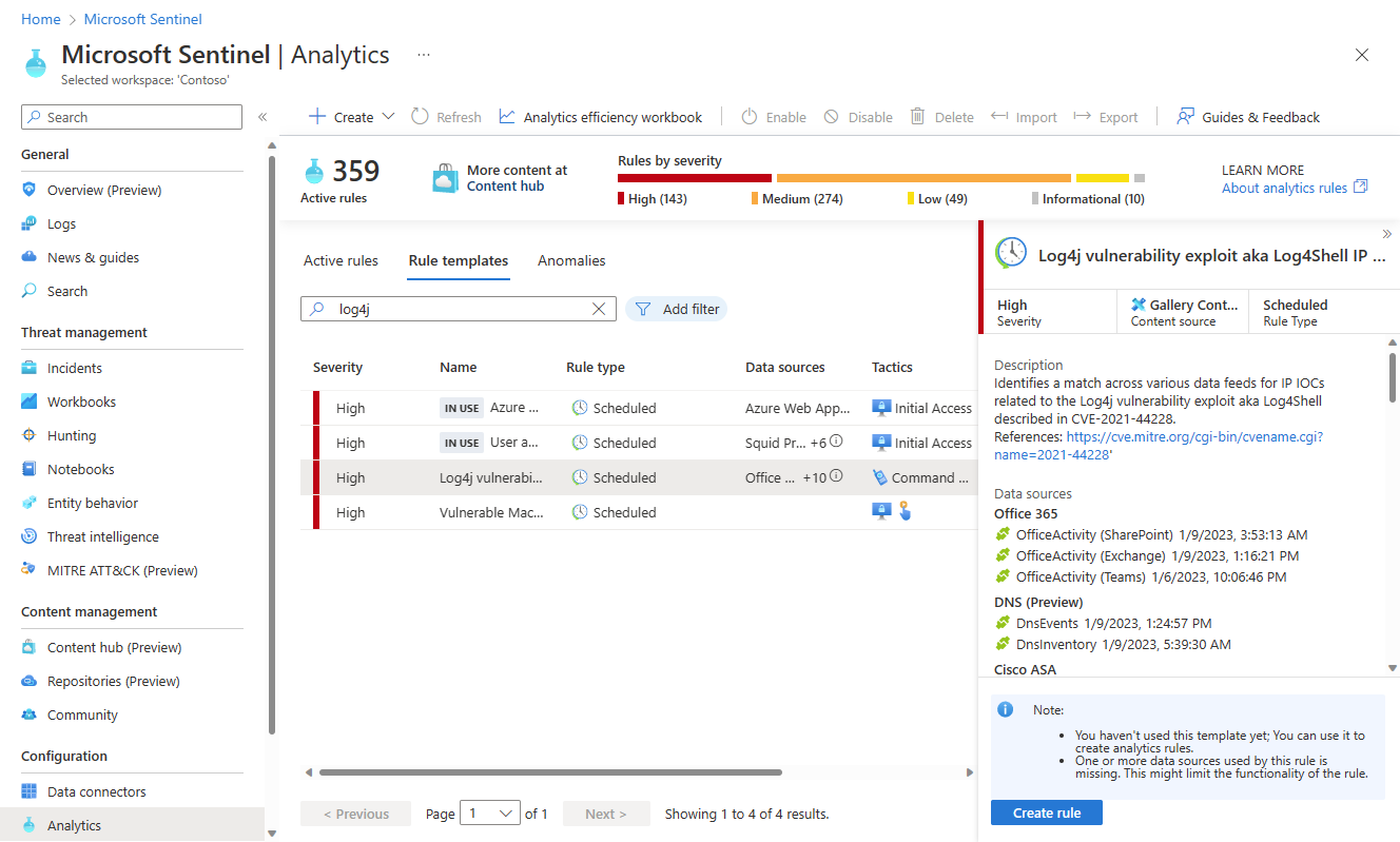 Screenshot showing how to search for and locate template and create analytics rule.