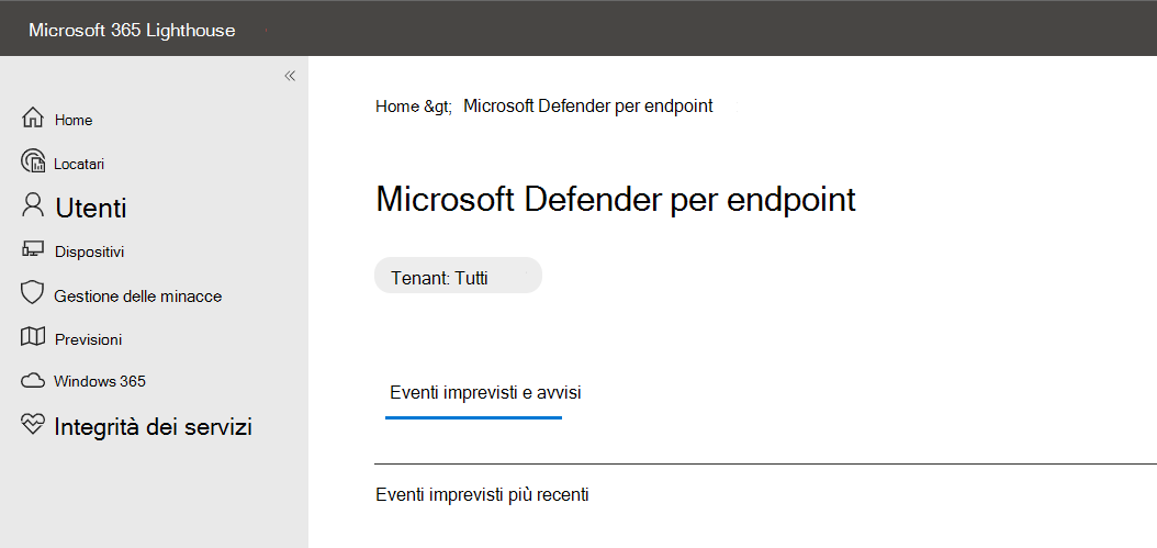 screenshot dell'elenco degli eventi imprevisti in Microsoft 365 Lighthouse