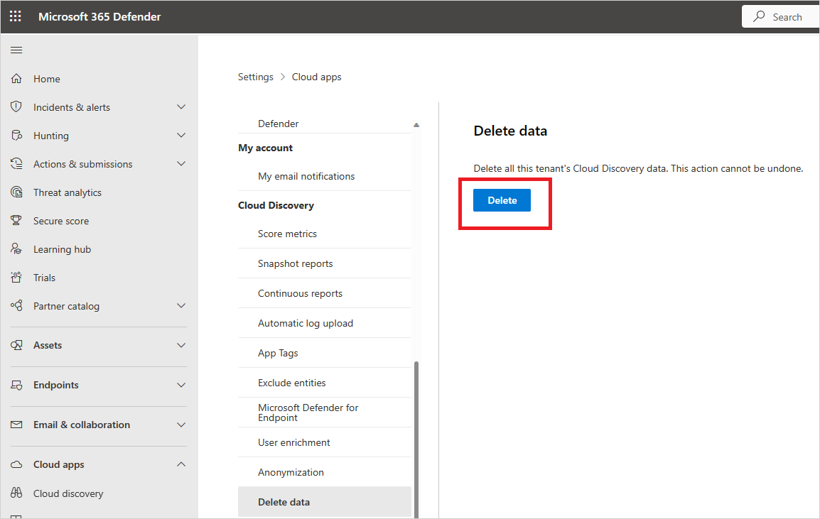 Screenshot dell'eliminazione dei dati di Cloud Discovery.