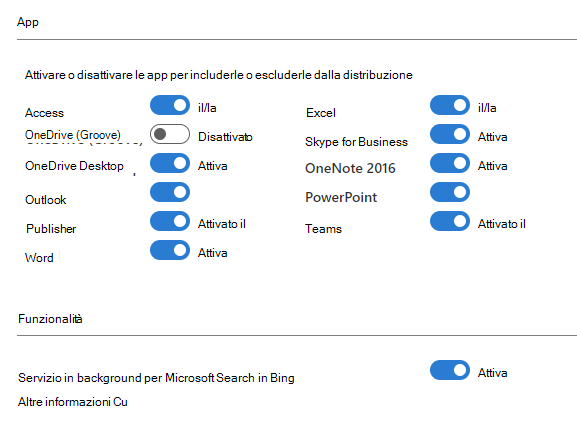 Screenshot delle impostazioni di configurazione per le app e le funzionalità in Microsoft 365, che mostra varie app e il servizio in background per Microsoft Search in Bing.