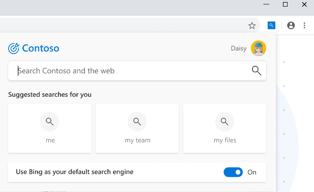 Screenshot del riquadro a comparsa di Microsoft Search in Chrome che mostra le ricerche suggerite e un'opzione per usare Bing come motore di ricerca predefinito.
